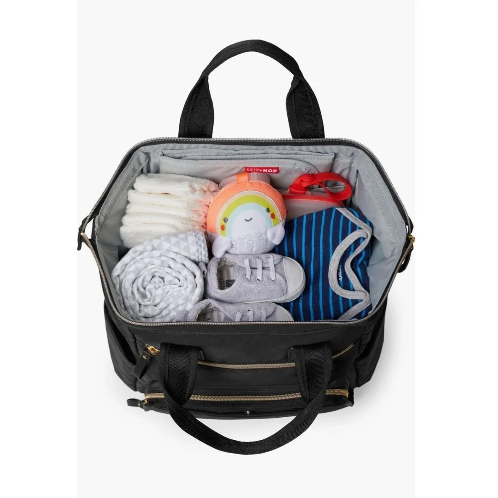 Skip Hop Diaper Bag Mainframe Wide Open OS Black Backpack Stroller Straps Gold